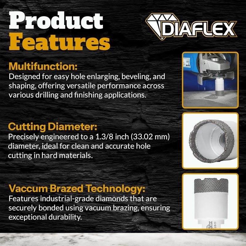 DIAFLEX Premium Brazed Core Bit – 1-3/8" Diamond Hole Saw for Porcelain, Ceramic, Stone, Dekton – 5/8"-11 Thread – Fast Clean Cuts – Vacuum Brazed – Wet or Dry Use - Image 4